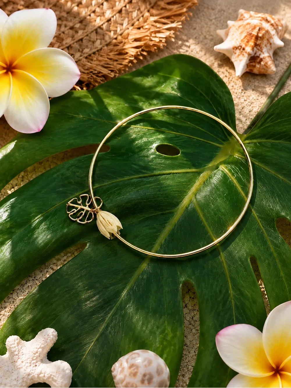 Bohemian Hawaiian Gold-Plated Monstera & Jasmine Bangle Bracelet